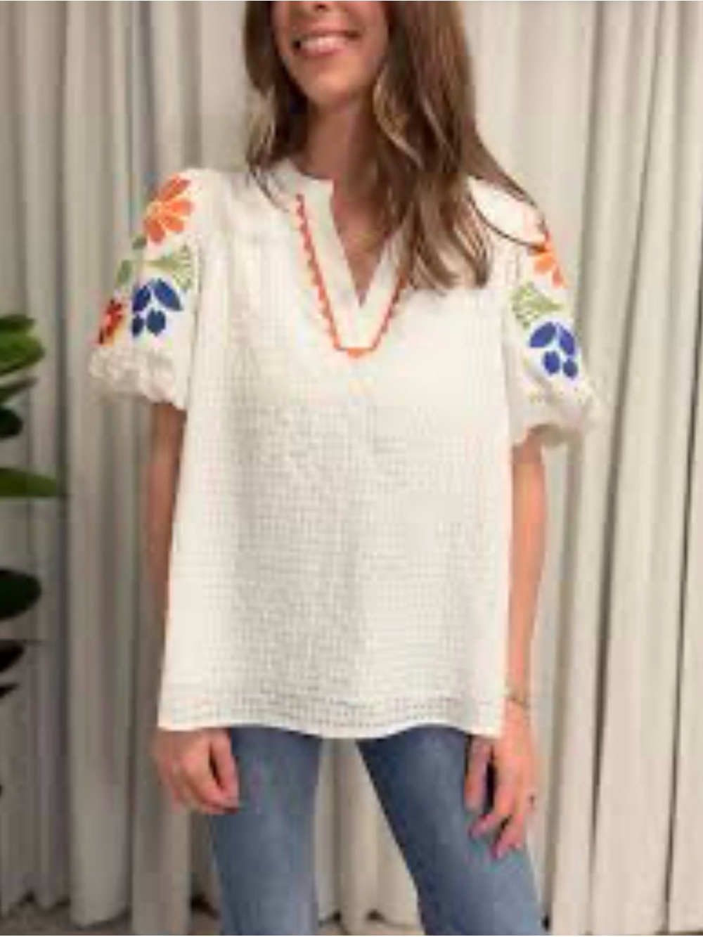 JODIFL White Puff-Sleeve Top with Blue, Orange & Green Embroidery